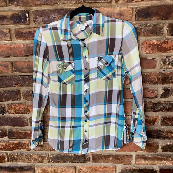 At Last Brown Green Blue Plaid Long Sleeve Button Down Top Women's size Small - Picture 1 of 4